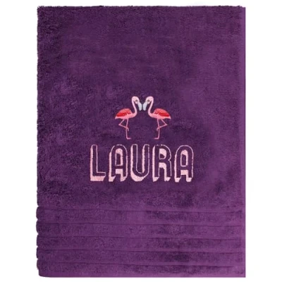 Image of TeddyT&#039;s Personalised Flamingo Embroidered 3d Name Bath Towel (Purple)