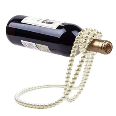 Image of Metal Wine Rack Pearl Necklace, Iron Floating Bottle Holder Chain Holder, Holds Bottles In The Air Home Valentine&#039;s Day Decoration