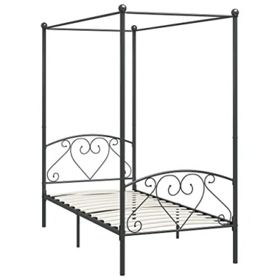 Image of vidaXL Grey Metal Canopy Bed Frame Modern Bedroom Furniture with Curtain Hanging Feature, 90x200 cm, Sturdy and Durable, Assembly Required