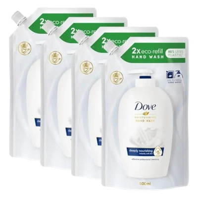 Image of Dove Moisturising Eco Refill for Liquid Hand Wash Effective Antibac Cleansing 24H Nourishment and Instantly Soft Skin 500ml, 4 Pack