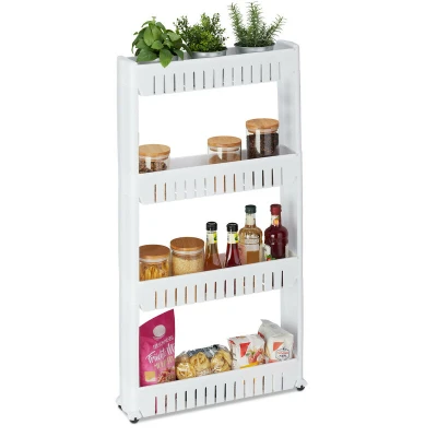 Image of Relaxdays Niche Trolley, 4 Shelves, Narrow Shelf for Bathroom &amp; Kitchen, 101x12.5x54 cm, Rolling Storage Plastic, White