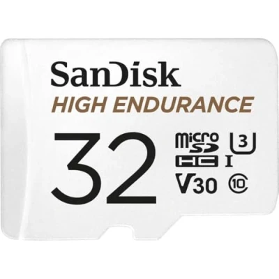 Image of SanDisk HIGH ENDURANCE Video Monitoring for Dashcams &amp; Home 32 GB microSDHC Memory Card + SD Adaptor, Up to 100 MB/s read and 40 Write, Class 10, U3, V30, White
