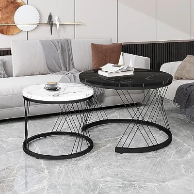 Image of Round Coffee Table,Modern Table Set of 2 Marble Pattern Top with Metal Frame,Small Side Table,End Versatile Tables for Living Room,Bedroom,Home Office White and Black