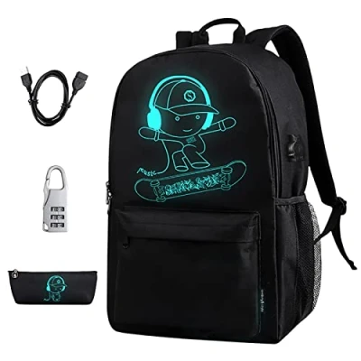 Image of BSTcentelha Luminous School Bag Anime Boys Backpack Cool Bookbag with Pen Case USB Chargeing Port Students Teens Boy Girl Laptop Backpacks (Black)