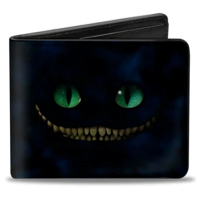 Image of Buckle Down Men&#039;s Tim Burton&#039;s Cheshire Cat Eyes &amp; Teeth + Tree Pose Bi Fold Wallet, Multicolor, Default Size