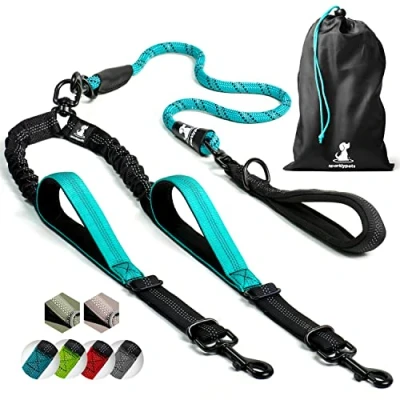 Image of SparklyPets Double Dog Lead For 2 Dogs Rope Bungee Dual Medium and Large with Padded Handles, No Tangle &amp; Reflective Stripes (Teal, Dogs)