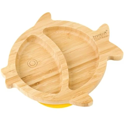 Image of Bamboo Baby Plate and Toddler Plate, Suction for Feeding Weaning, Fish with Secure Suction, Plates Babies from 6 Months (Fish, Yellow)