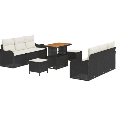 Image of vidaXL 9 Piece Garden Sofa Set with Cushions Black Poly Rattan Acacia
