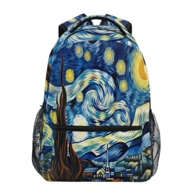 Image of JUMBEAR Van Gogh The Starry Night Art Kids Backpack Laptop Travel Middle School Students Canvas Bookbag Lightweight Business Waterproof Shoulder Daypack for Women Mens