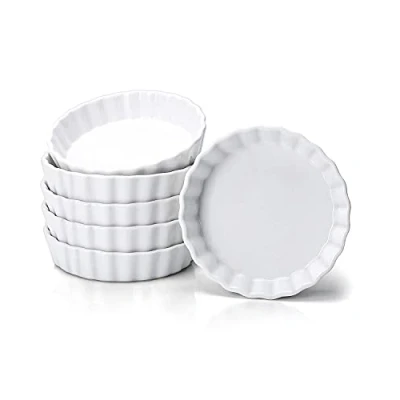 Image of Taeochiy 8 Oz Creme Brulee Ramekins, Porcelain Ramekins Oven Safe, Round Tart Pan Mini Fluted Quiche Dishes, Set of 6, White