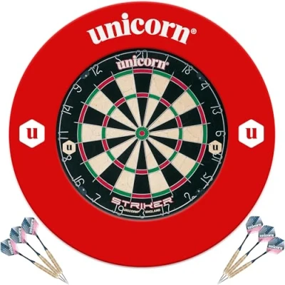 Image of Unicorn Dartboard &amp; Backboard Surround Striker Sisal Bristle Board Lightweight Injection Moulded EVA Plastic with 2 Sets of Darts, Black/White/Red/Green