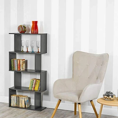Image of URBNLIVING Wooden S Shaped Display Bookcase Storage Divider Unit (Black, 4 Tier)