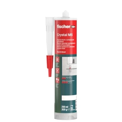 Image of fischer 503317 Building Adhesive and Sealant, 100% Transparent, Indoor Outdoor use, Waterproof, UV Resistant, Crystal MS, 290ml