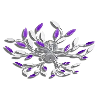 Image of vidaXL Ceiling Lamp, Purple &amp; White, Contemporary Design with Acrylic Crystal Leaf Arms, Metal Base, 5 E14 Bulb Socket, Easy Assembly, Ideal for Living Room, Bedroom, Kitchen, Office, Hallway