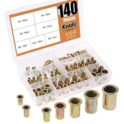 Image of Keadic 140 Rivet Nuts Kit,Threaded Insert Nut Riveter Set, Zinc Plated Carbon Steel Rivnuts,Blind Assortment For Metal, Wood,Aluminium(M3/M4/M5/M6/M8/M10/M12)