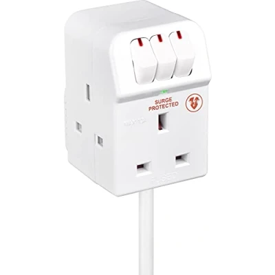 Image of Masterplug Three Socket Surge Compact Adaptor Extension Lead, 2 Metre, White