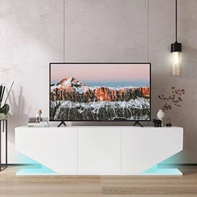 Image of ModernLuxe High Gloss Entertainment Center LED TV Stand Sideboard Cabinet for 65 Inch Media Console Table with Lights, 3 Storage Cabinets, 2 Open Shelves, and Desk