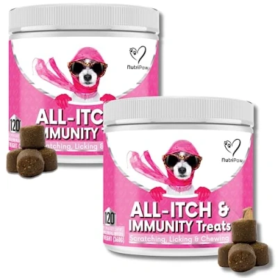 Image of NutriPaw All Itch Immunity Treats for Dogs Soothe Itchy Paws, Eyes, Ears, Skin Stop Itching, Licking, Scratching Good Small, Medium &amp; Large Supports Seasonal Itching Twin Value Pack
