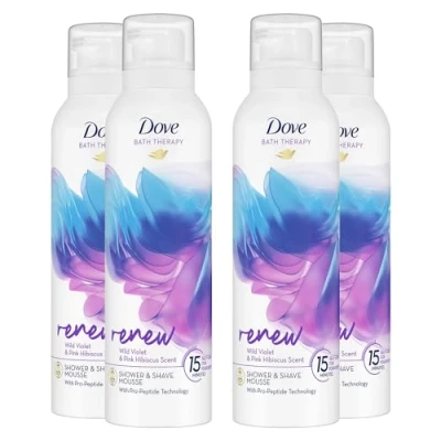 Image of Dove Bath Therapy Renew Shower and Shave Mousse with Wild Violet Pink Hibiscus Scent Vegan, Cruelty Free Creamy Texture Body Wash Make Your Skin Soft Re energised 200ml, 4 Pack