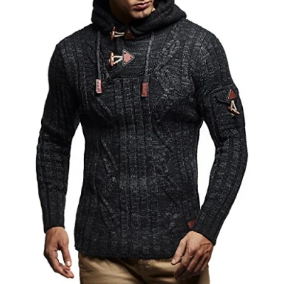 Image of Leif Nelson Men&#039;s Pullover Knit Sweater Hooded Hoodie LN 5400 Anthracite Black X Large