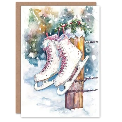 Image of Artery8 Hanging Ice Skates Winter Snow Blank For Him Or Her Art Xmas Festive Christmas Card