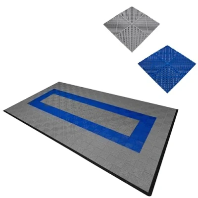 Image of Vented Modular Interlocking Flooring Tiles &amp; Edges 90 Grey 30 Blue Single Garage Heavy Duty Floor Mat Showroom Workshop Outdoor Polypropylene Anti Slip Weather Resistant Drainage 3.2m x 6m 19.2m2