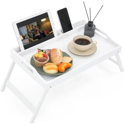 Image of MantraRaj Bamboo Bed Tray Table with Foldable Legs Breakfast for Sofa, Bed, Eating, Working Snack Laptop Stand Multipurpose Lap Media Slot Food Carrying Handles (White)