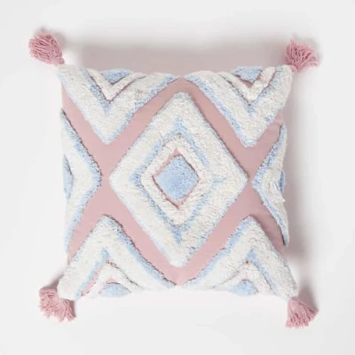 Image of HOMESCAPES Tufted Cushion Covers 45 x cm, Filled, Pure Cotton Boho Throw Pillow with Tassels, Pink and Blue Geometric Luxury Decorative Cases for Sofa or Bedroom Insert Included