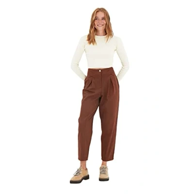 Image of Trendyol Women Young High Waist Straight Leg Carrot Pants Trousers Brown