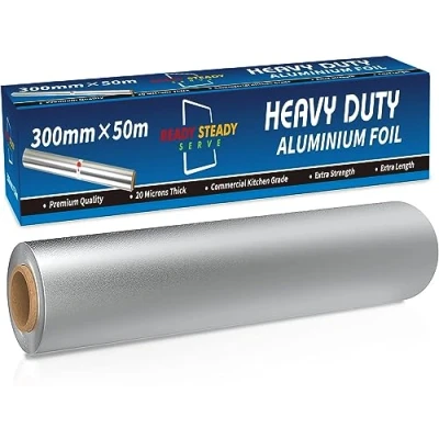 Image of Premium Heavy Duty Aluminium Foil New Box 50m x 30cm Wide Roll, 20 Microns Thick Commercial Grade &amp; Extra Thick, Strong Enough for Food Service Industry