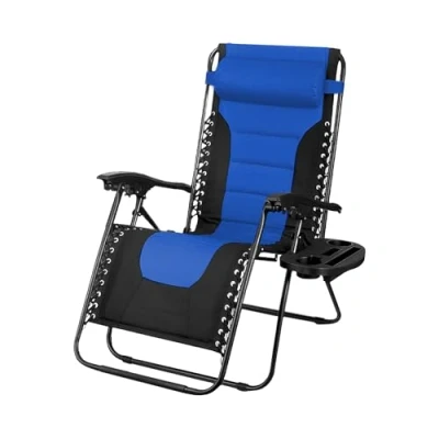 Image of SG Traders Zero Gravity Chair Reclining Outdoor Sun Lounger, Relaxer for Patio Decking Gardens Camping, Folding with Cup Holder and Adjustable Headrest Sunlounger (Pack 1 Black Blue)
