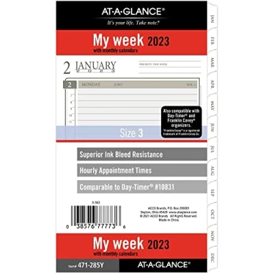 Image of AT A GLANCE 2023 Weekly &amp; Monthly Planner Refill, Hourly, 10831 DAY TIMER, 3 3/4&quot; x 6 3/4&quot;, Size 3, Portable Size, Loose Leaf (471 285Y)