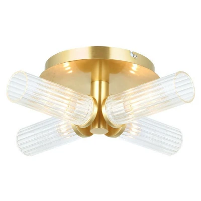 Image of Talo Bathroom Multi Arm Glass Semi Flush Ceiling Lamp, Satin Brass Plate, Ribbed Glass, IP44