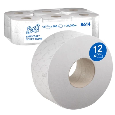 Image of Scott Essential Jumbo Roll Toilet Tissue 8614 2 Ply Paper 12 Rolls x 500 White Sheets (2,400m)