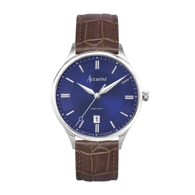 Image of Accurist Mens Classic 37mm Quartz Watch in Blue with Analogue Display, and Brown Leather Strap 73005