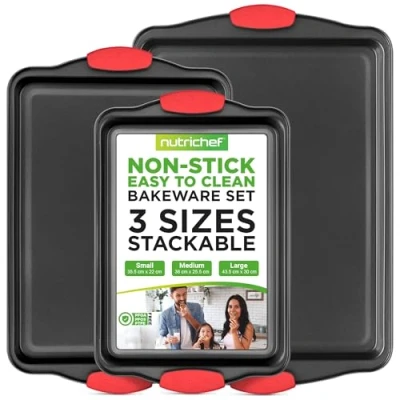 Image of NutriChef Baking Tray Set Oven Pans, 3 Piece Non Stick Trays, Deluxe &amp; Stylish High Quality Matal Bakeware, Black w/Red Silicone Handles