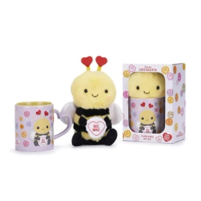 Image of Posh Paws Swizzels Love Hearts Bethany Bumble Bee &#039;Bee Mine&#039; 11OZ Mug &amp; Plush Gift Set, Purple, 37743