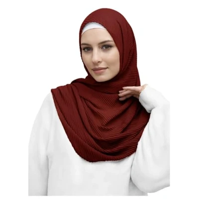 Image of Lina &amp; Lily Premium Cotton Pleated Hijab for Muslim Women, Maxi Head Scarf Shawl Wrap Lightweight (Dark Red)