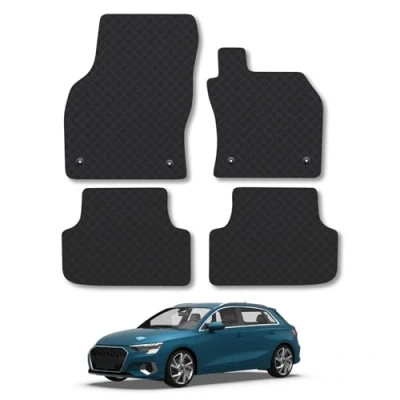 Image of Rubber Car Mats Compatible with Audi A3 (2020 ) Tailored Fit Floor Set Accessory Black Custom 4 Pieces Clips Anti Slip Backing, Heavy Duty &amp; Waterproof