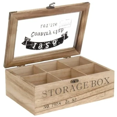 Image of 6 Compartment Wooden Tea Box with Glass Lid &amp; Clasp Lock Bag Storage Organiser