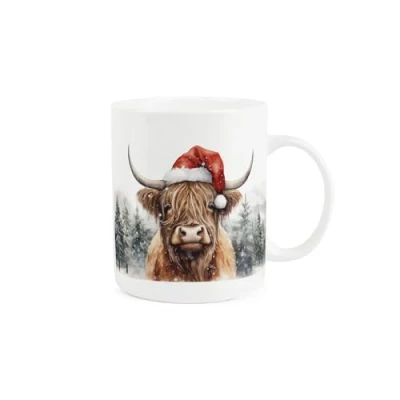 Image of Custom Highland Cow Mug Personalised Christmas Santa Hat Animal Gift Tea Coffee Bone China Cup