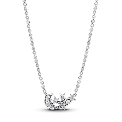 Image of Pandora Stars and moon sterling silver necklace with clear cubic zirconia, 45