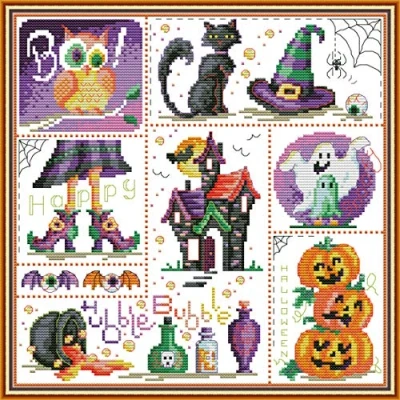 Image of Cross Stitch Kits Stamped, OWN4B Halloween Printed Pattern 11CT 16.1x16.1 inch DIY Embroidery Kit (Halloween)