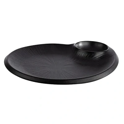 Image of APS 85074 Nero Melamine Plate with Integrated Dip Bowl, Serving for Many Foods, 24.0 x 20.0 2.5 cm