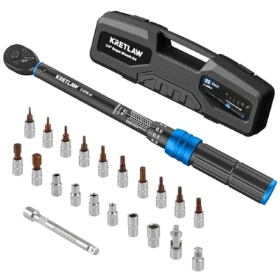 Image of KRETLAW 22 Piece Torque Wrench Set 1/4&quot;, Reversible 2 24 Nm, 72 Teeth Ratchet Drive Click Wrench, ±3% Accuracy with Extensions, Sockets, Adapter for Bike, Storage case