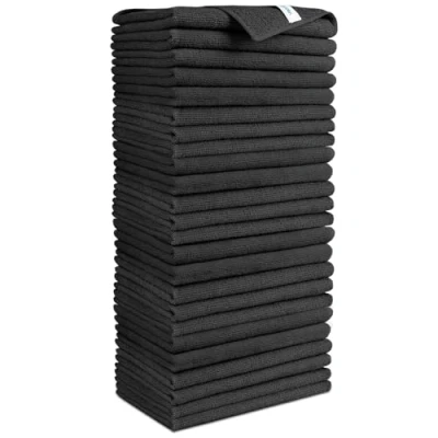 Image of AIDEA Microfibre Cleaning Cloths, Pack of 24, Tea Towels, Window Soft, Very Absorbent, Lint Free, Streak for Home, Kitchen, Car, Black, 30 x cm