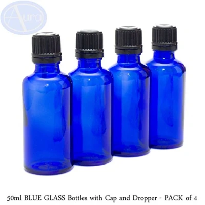 Image of Aura 50ml BLUE Glass Bottles with Black T/E Caps &amp; Droppers PACK of 4