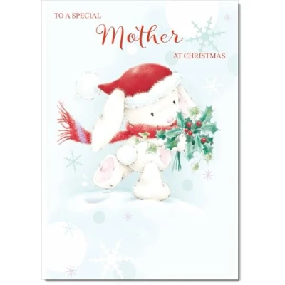 Image of doodlecards Mother Christmas Card Cute Rabbit with Holly Medium Size for Plain Envelope