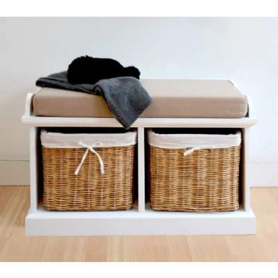 Image of Tetbury Storage Bench with Cushion and Wicker Baskets White Hallway Kitchen Bedroom Seat Fully Assembled 2 Seater (biscuit cushion, small)