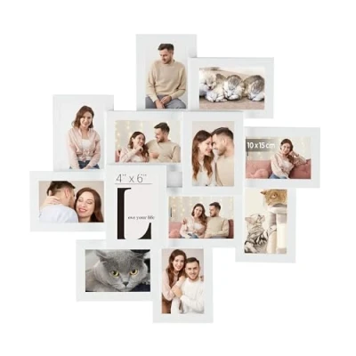 Image of SONGMICS Picture Frame Collage for 12 Photos in 4x6, Frames, Photo Set, Glass, Assembly Required, Wall Mounted, Family Photos, MDF, Cloud White RPF22WT